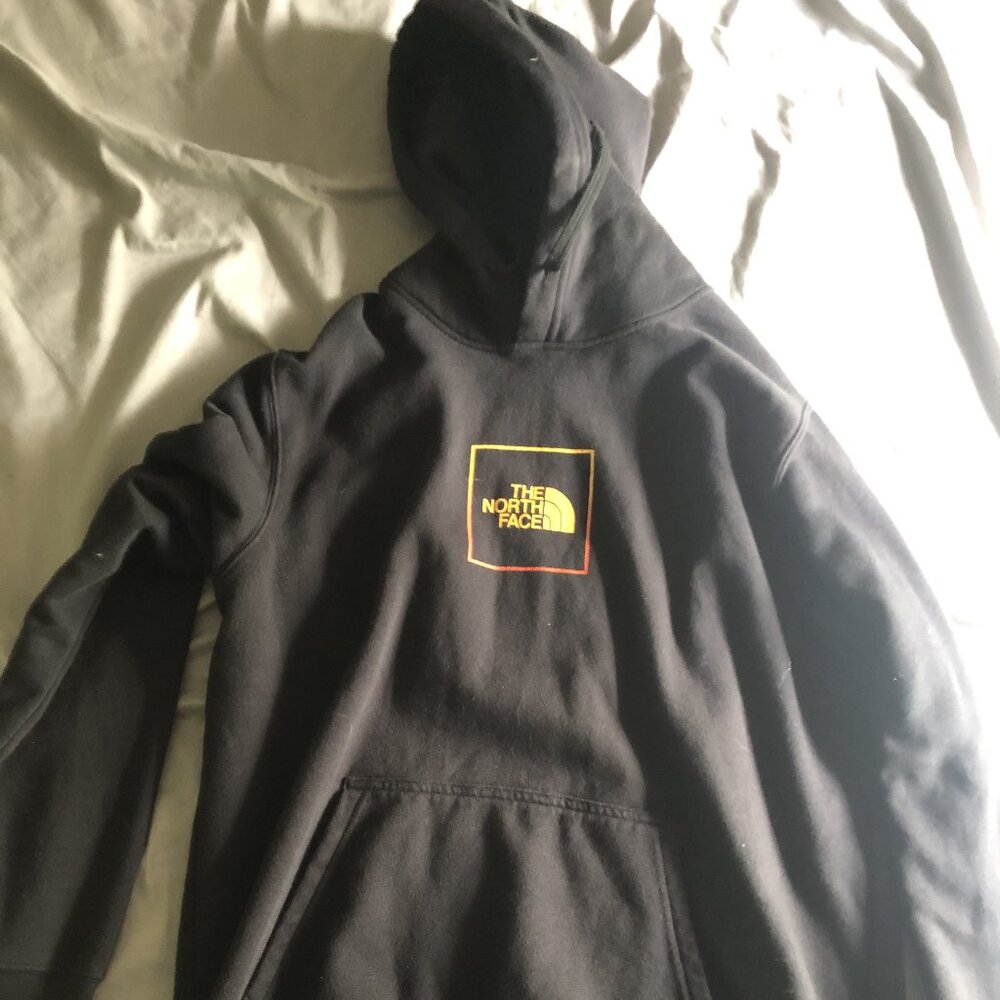 The North Face Hoodie Black Yellow Orange Gradient Chest Sleeve Logos Size L